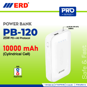 ERD PRO Series 1000 MAH CYLINDRICAL CELL 25 W PD+ALL PROTOCOL POWER BANK PB-120 BIS APPROVED