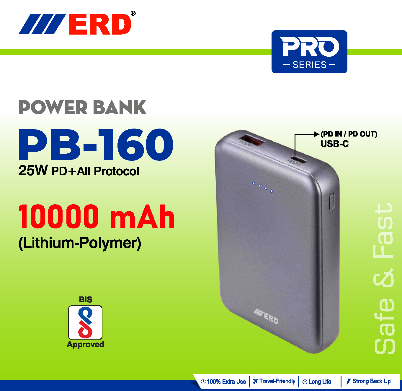 ERD PRO Series 1000 MAH LITHIUM POLYMER 25 W PD+ALL PROTOCOL POWER BANK PB-160 BIS APPROVED - Image 3