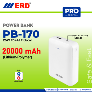ERD PRO Series 2000 MAH LITHIUM POLYMER 25 W PD+ALL PROTOCOL POWER BANK PB-170 BIS APPROVED