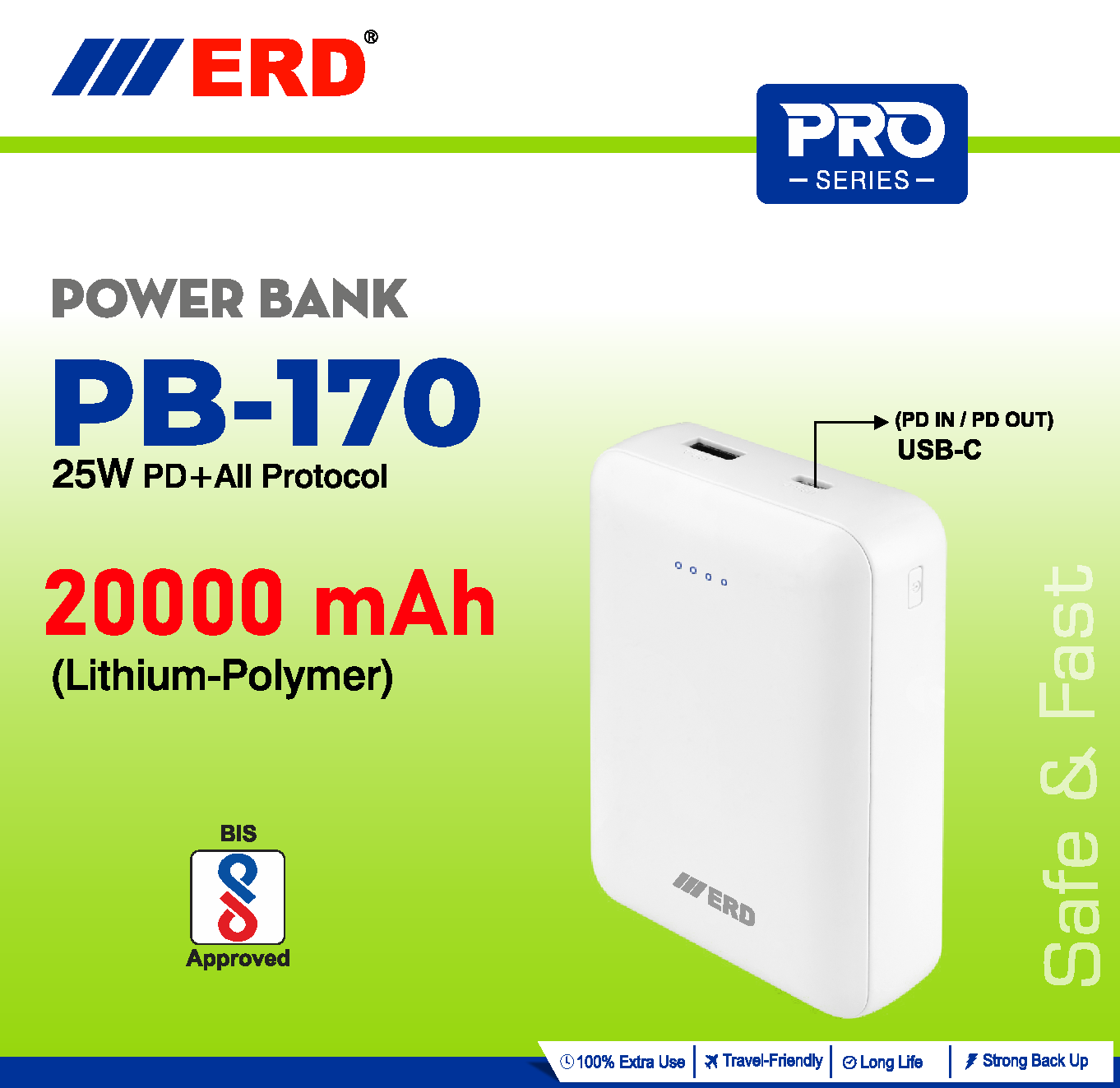 ERD PRO Series 2000 MAH LITHIUM POLYMER 25 W PD+ALL PROTOCOL POWER BANK PB-170 BIS APPROVED
