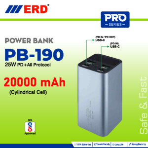ERD PRO Series 2000 MAH CYLINDRICAL CELL 25 W PD+ALL PROTOCOL POWER BANK PB-190 BIS APPROVED